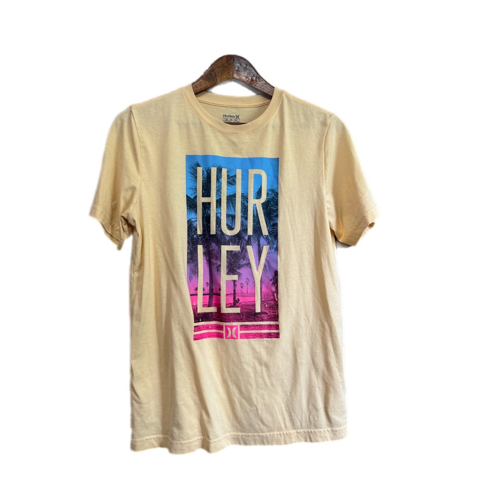 Hurley Graphic Tee Kids XL Yellow Excellent Sunset Palm Tree Surf Shirt
